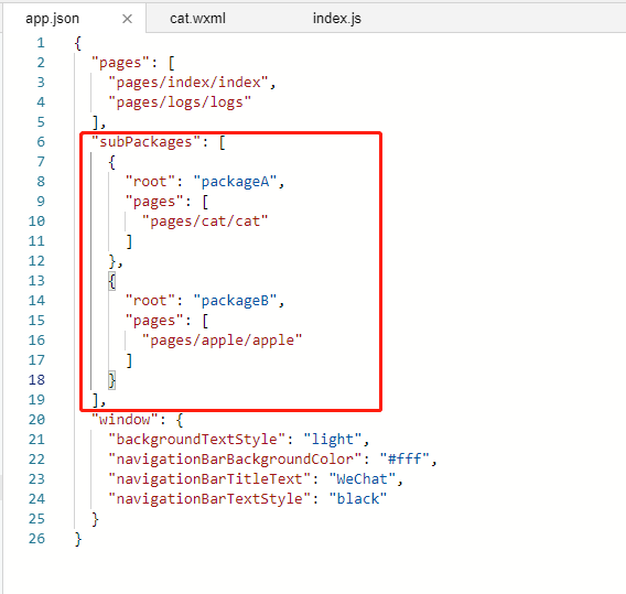 在app.json配置"subpackages"